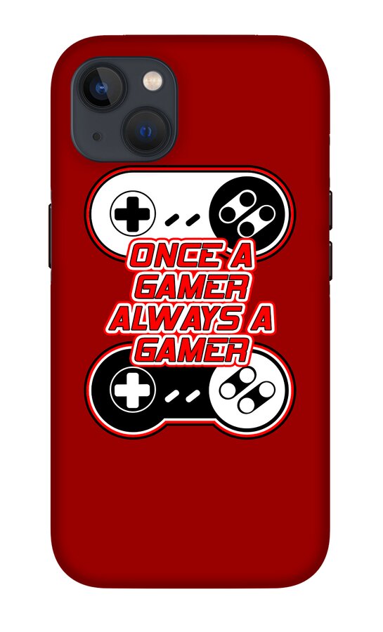 Red phone case with game controller graphic reading "Once a Gamer Always a Gamer", camera cutout.
