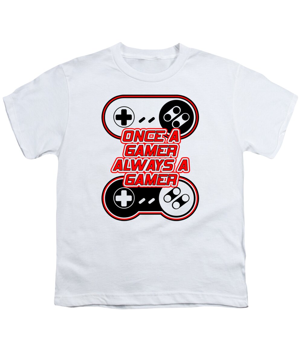 White youth t-shirt with game controller graphic and “Once a Gamer Always a Gamer” text