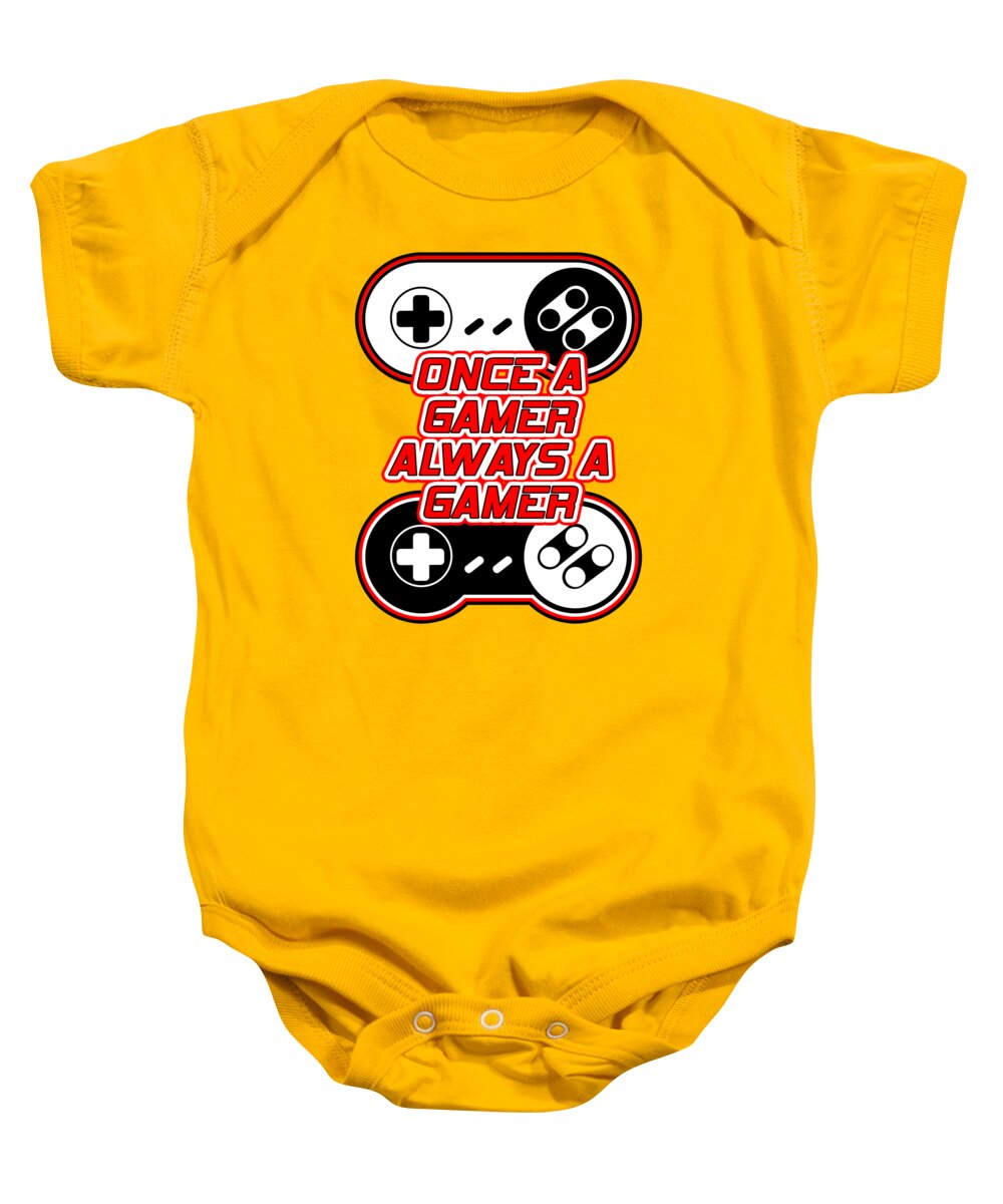 Gold baby onesie with gaming controller graphic and slogan on front