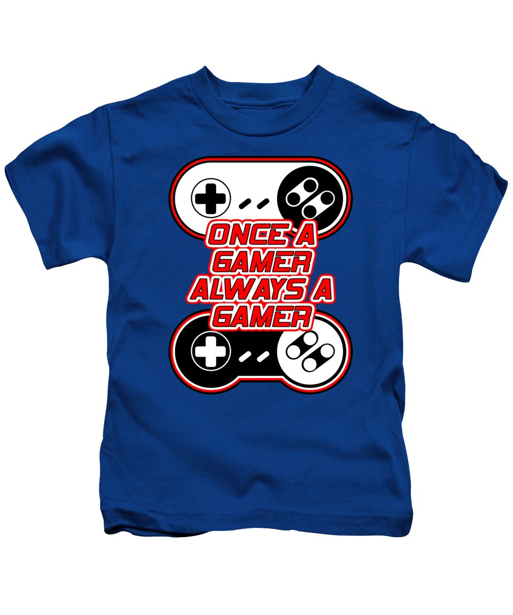 Kids T-shirt in royal blue with gaming controller graphic and bold gamer slogan