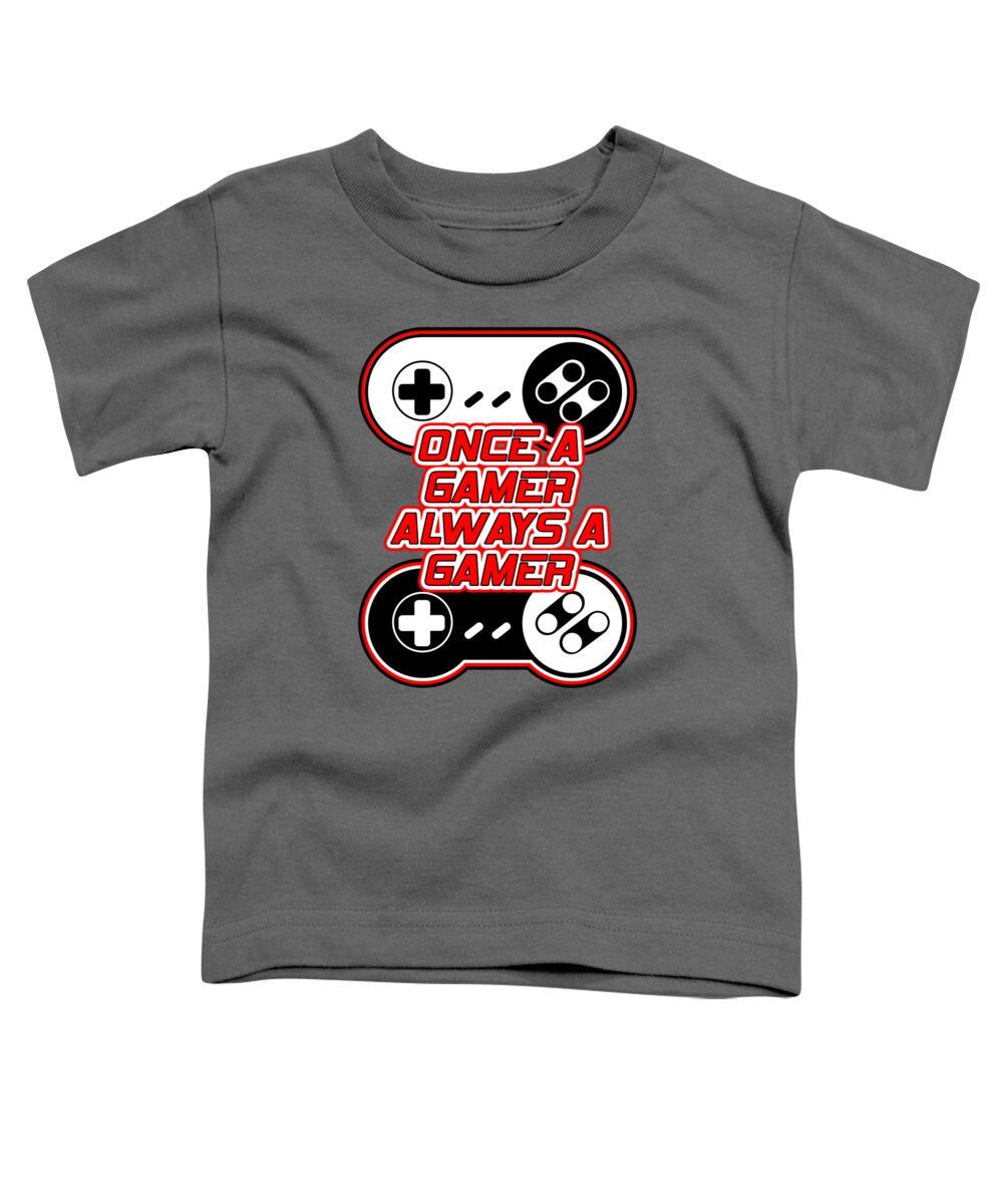 Toddler charcoal gray T-shirt with game controller graphic and “Once a Gamer” text