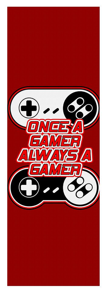 Red yoga mat with slogan and two controller icons, plus sign details