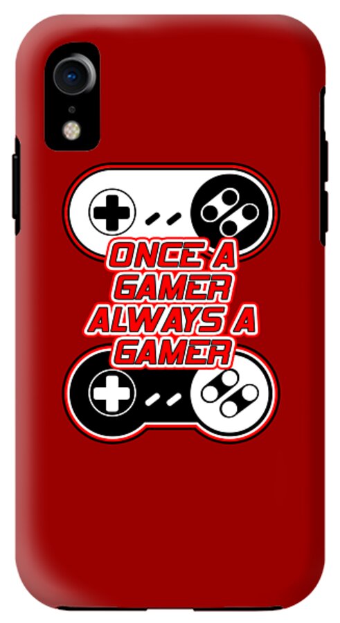 Red phone case with controller graphic and slogan; single rear camera cutout