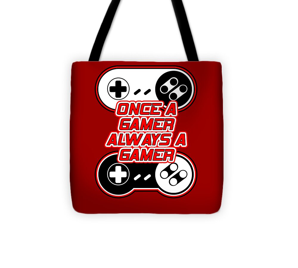 Red tote bag with gaming controller graphic and gamer slogan; black handles
