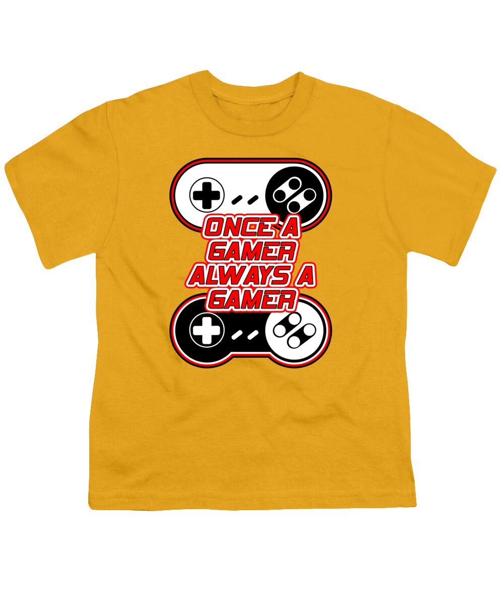 Youth T-shirt, mustard yellow, gaming controller graphic with “Once a Gamer, Always a Gamer”