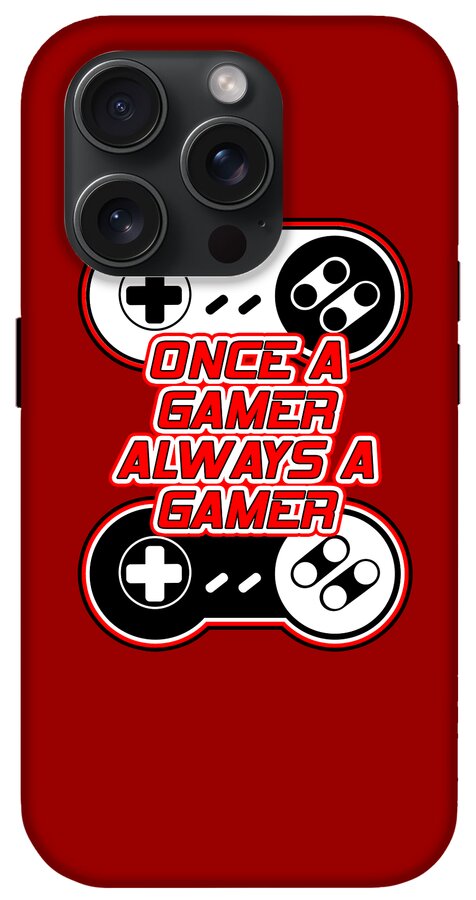 Red phone case with gaming controller graphic and Once a Gamer Always a Gamer text; multiple camera lenses.