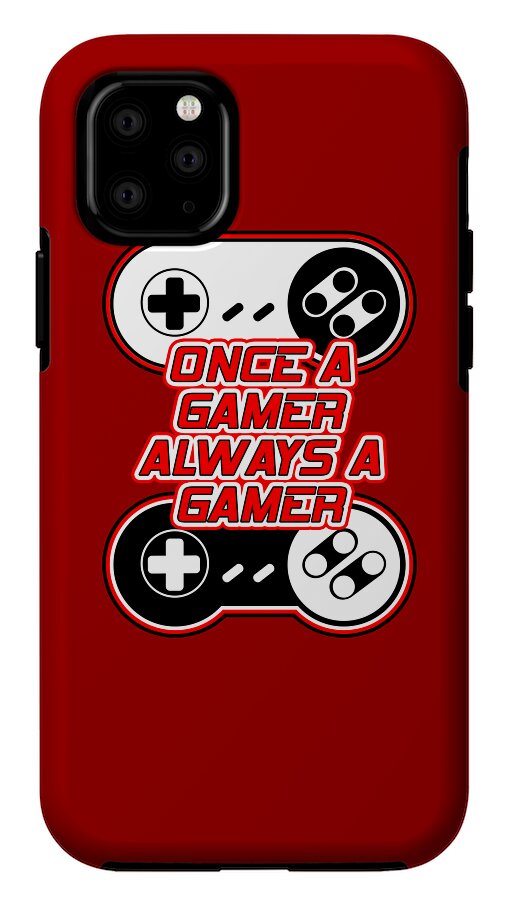 Red phone case with gaming controller icons and Once a gamer text, side cutout