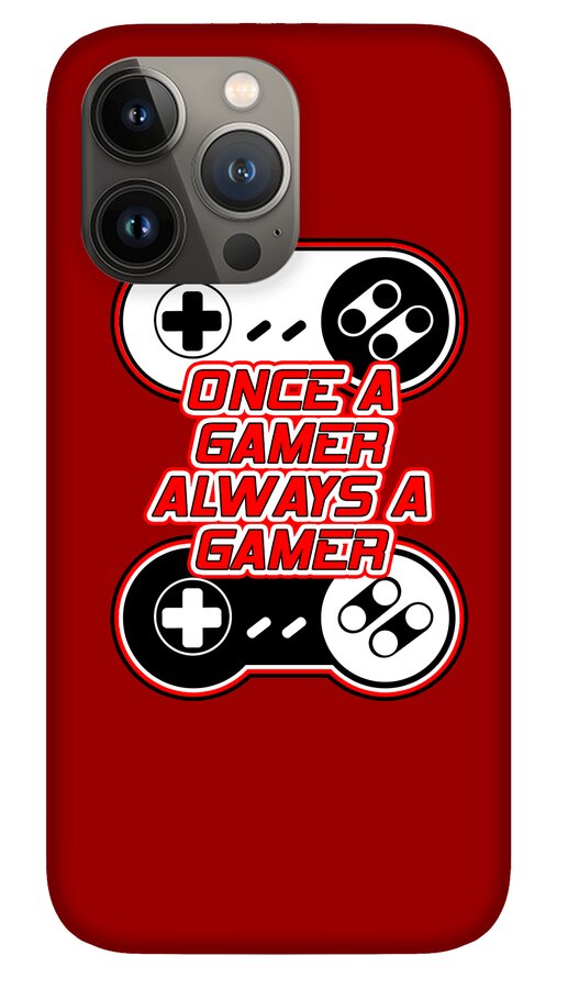Red phone case with gamepad graphic and "Once a Gamer Always a Gamer" text, triple camera cutouts.