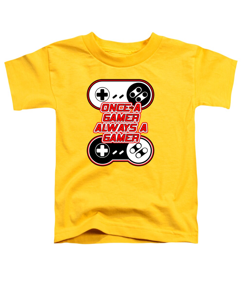 Yellow toddler t-shirt with black-and-red game controller graphic