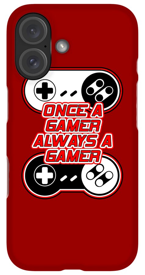 Red phone case with controller graphic and slogan; dual rear cameras