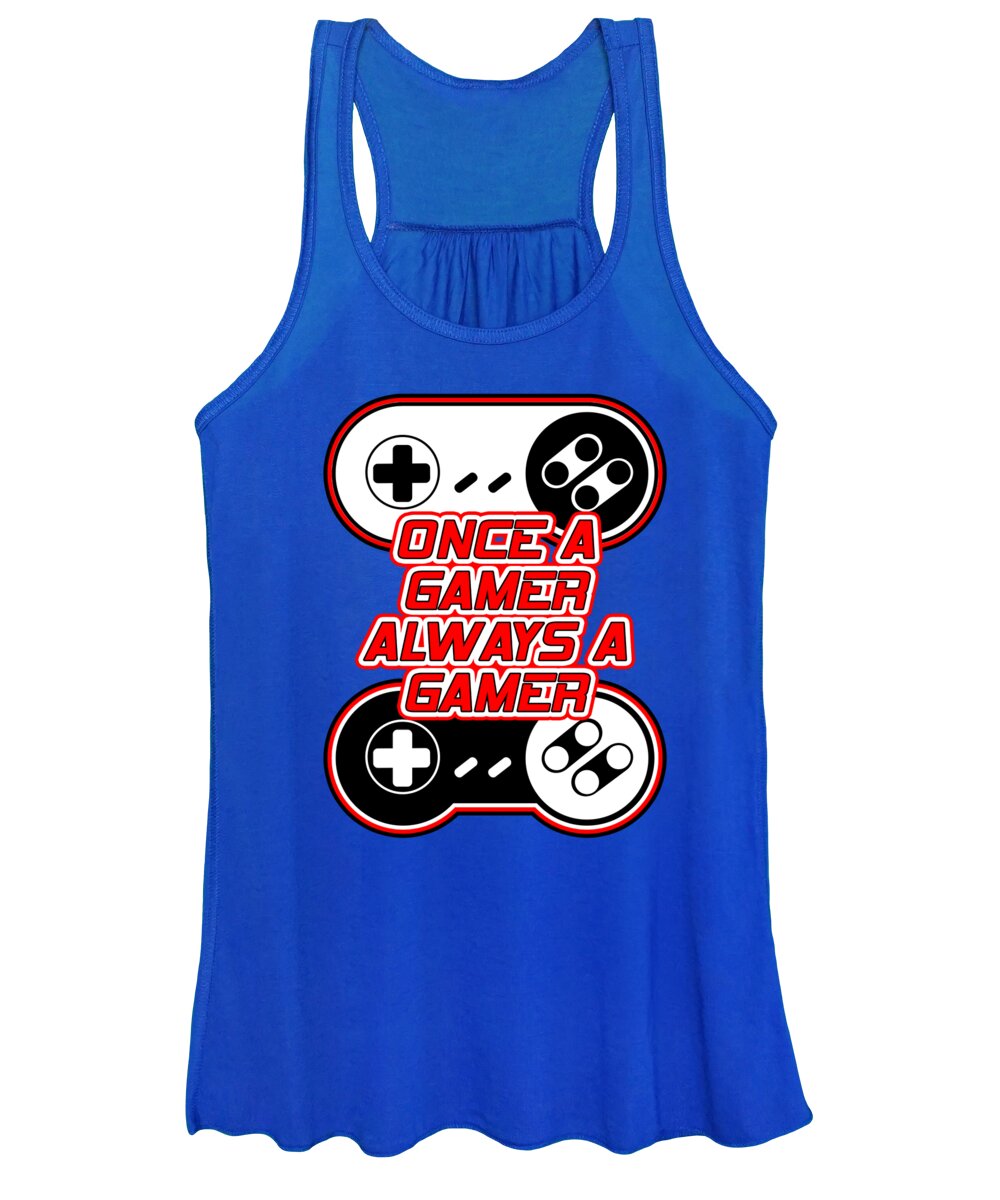 Royal blue women's tank top with gamer controller graphic, scoop neck and sleeveless cut