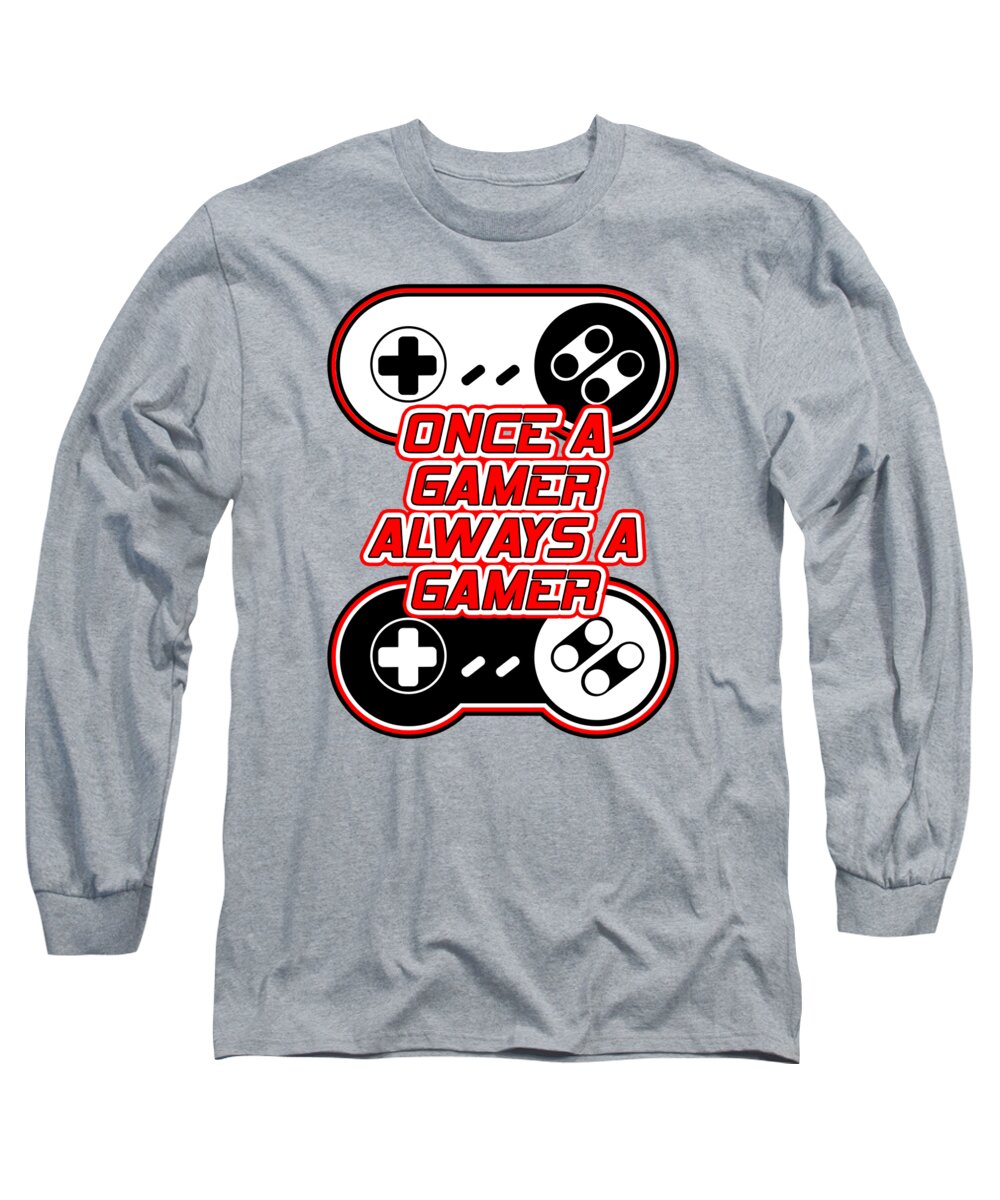 Heather gray long sleeve T-shirt with gaming controller graphic and red text logo on chest