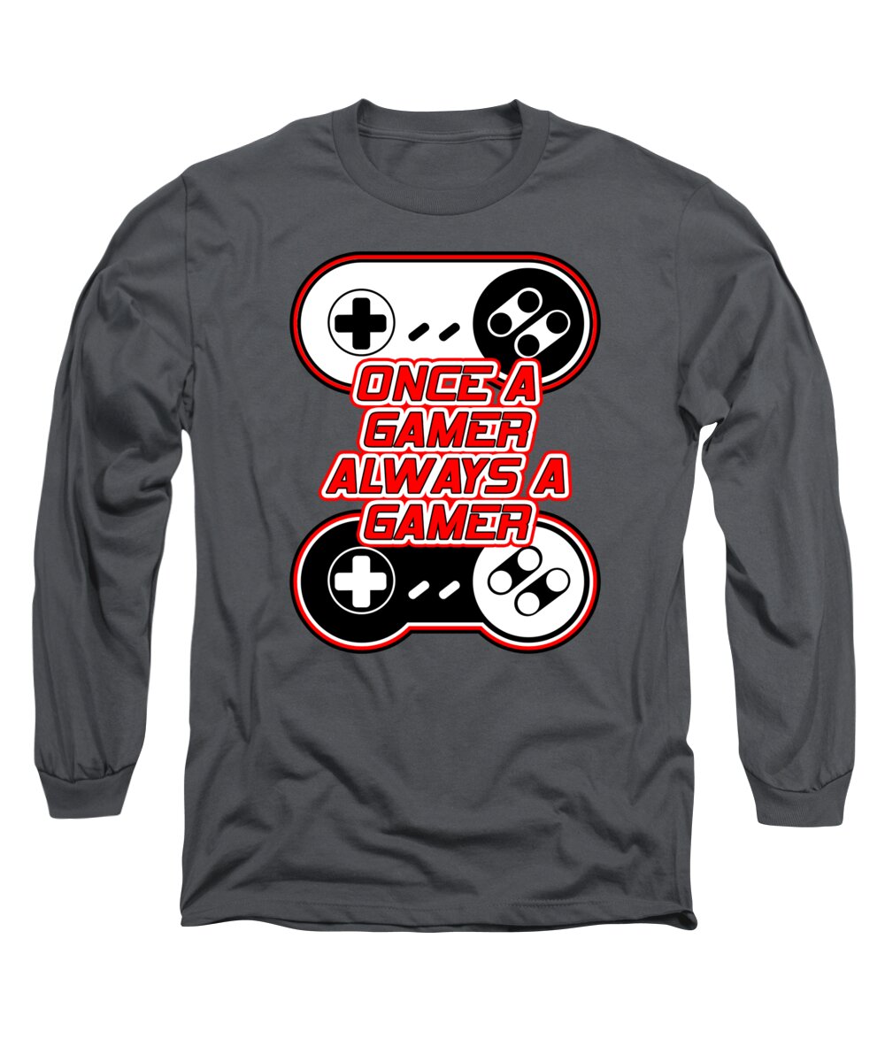 Charcoal gray long sleeve T-shirt with gaming controller graphic and red text logo on chest