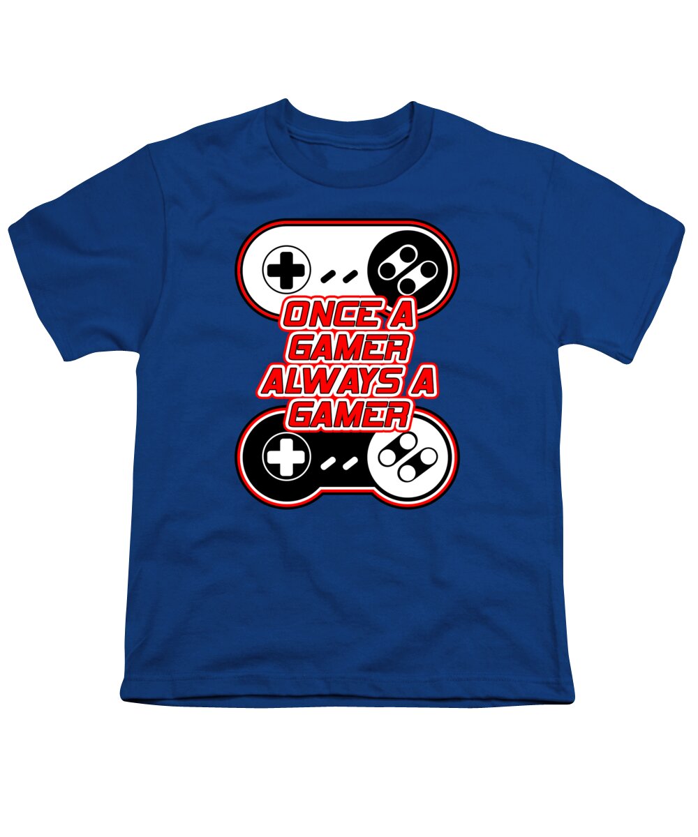 Royal blue youth t-shirt with game controller graphic and “Once a Gamer Always a Gamer” text
