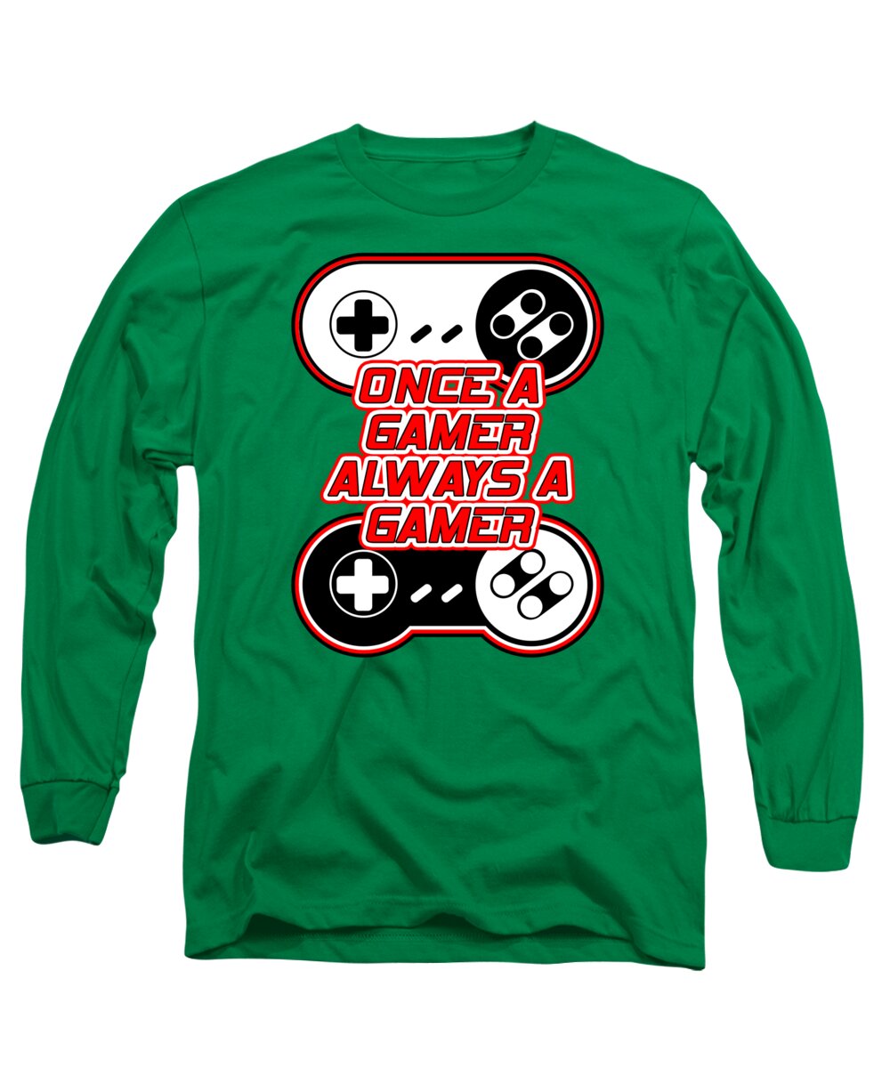 Kelly green long sleeve T-shirt with gaming controller graphic and red text logo on chest