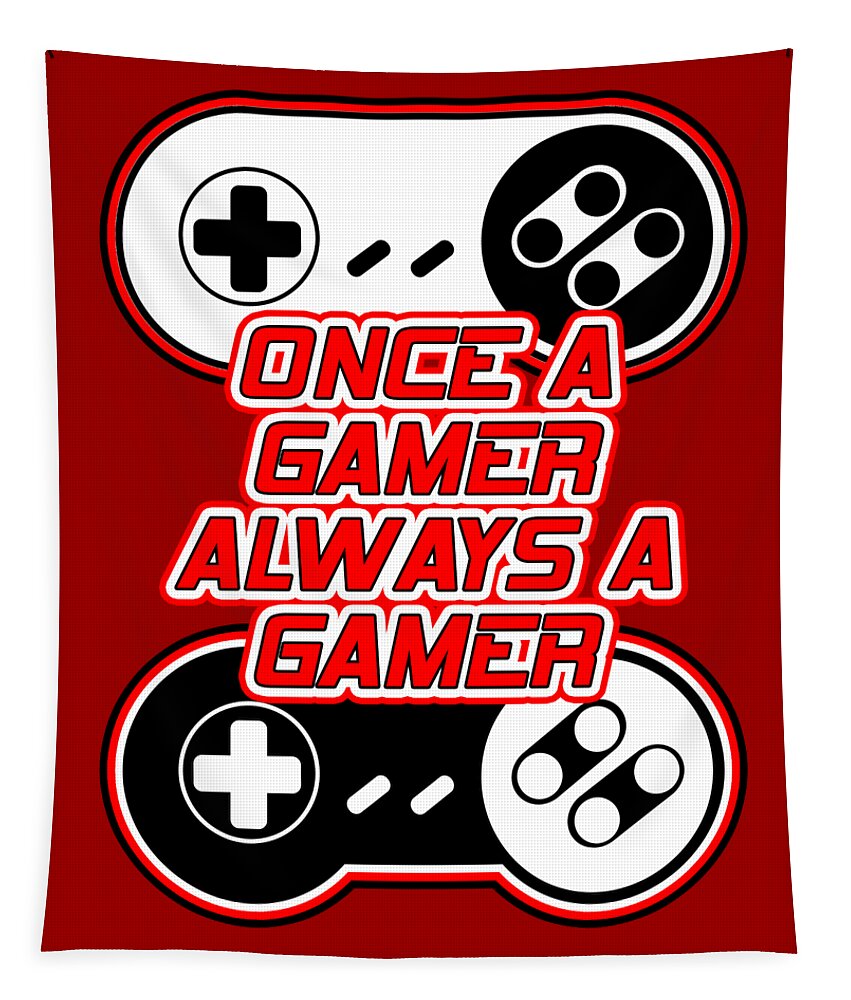 Square red gamer tapestry featuring controller symbols and 'ONCE A GAMER ALWAYS A GAMER' lettering