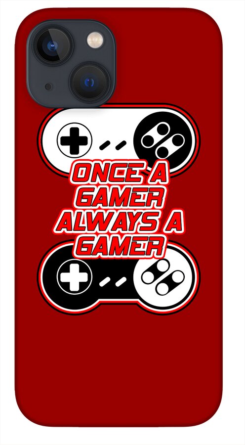 Red phone case with gaming controller graphic and gamer text; camera cutouts at top left