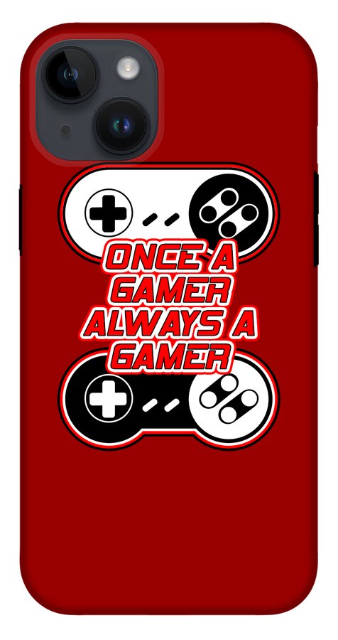 Red phone case with gaming controller graphic and gamer text; top camera module visible