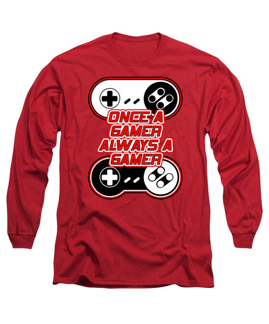 Red long sleeve T-shirt with gaming controller graphic and red text logo on chest