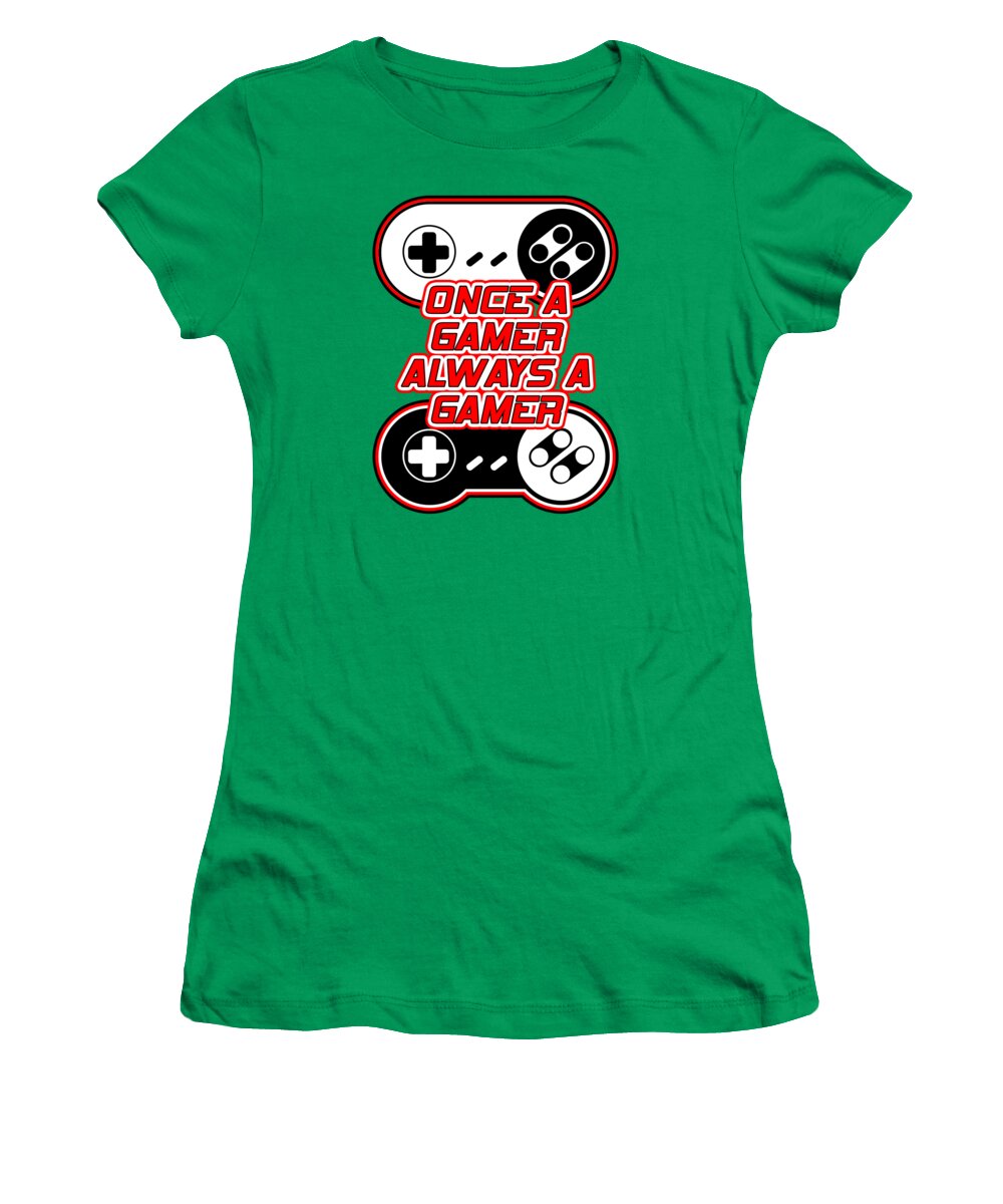 Kelly green women’s gamer T-shirt with controller graphic and “Once a Gamer” text