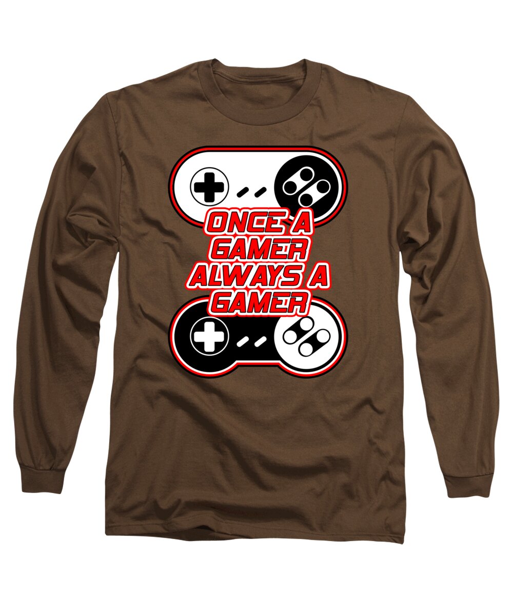 Coffee brown long sleeve T-shirt with gaming controller graphic and red text logo on chest