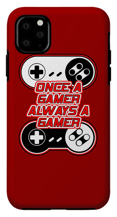 Red phone case with gaming controller graphic and Once a gamer text, camera array visible