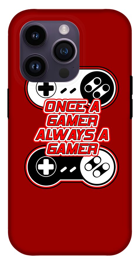 Red phone case featuring gaming controller graphic with gamer text; top camera lenses visible