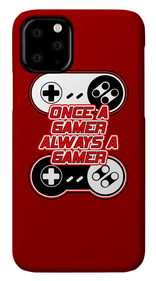 Red phone case with gaming controller graphic and Once a gamer text, top-left cameras