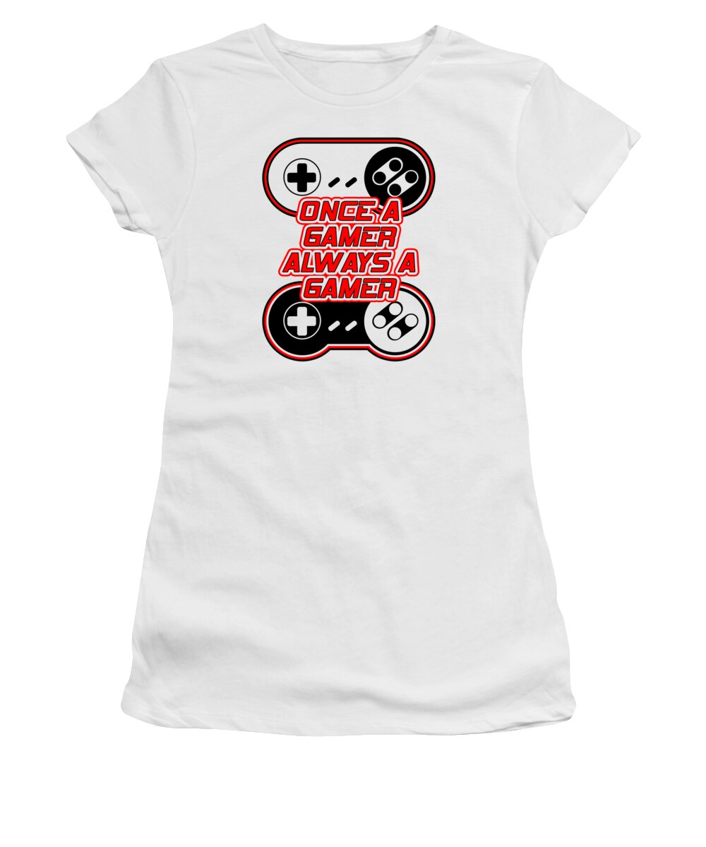 White women’s gamer T-shirt with controller graphic and “Once a Gamer” text