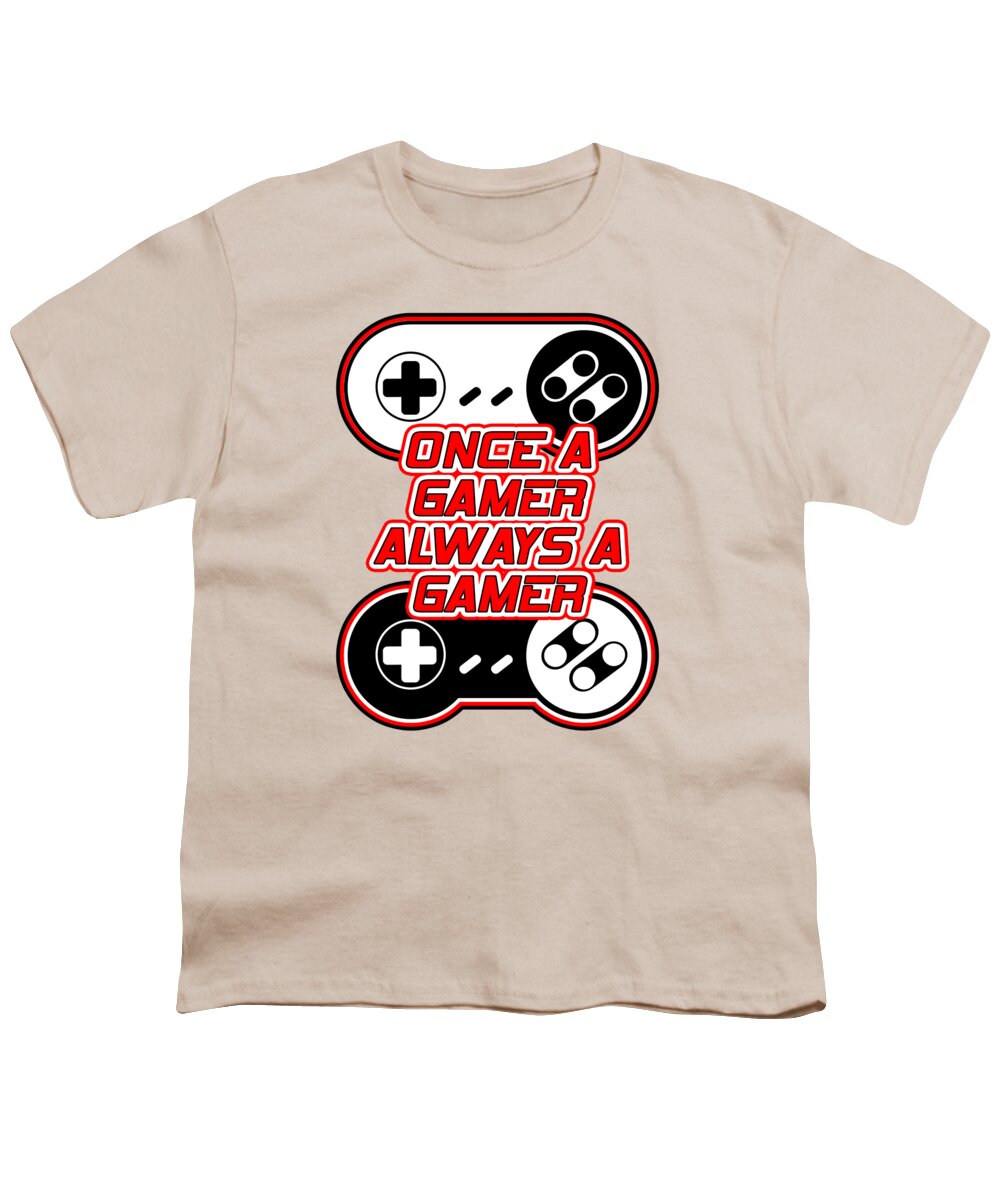 Youth T-shirt, cream, gaming controller graphic with “Once a Gamer, Always a Gamer”