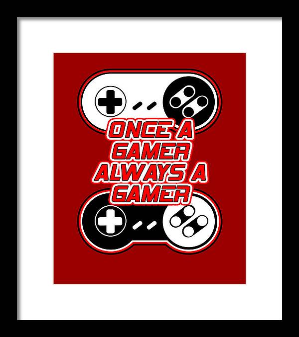 White-framed gamer print with black mat, controller icons, and 'Once a Gamer Always a Gamer'.