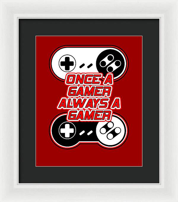 Framed wall art print with game controller icons and gamer text, white frame, black mat