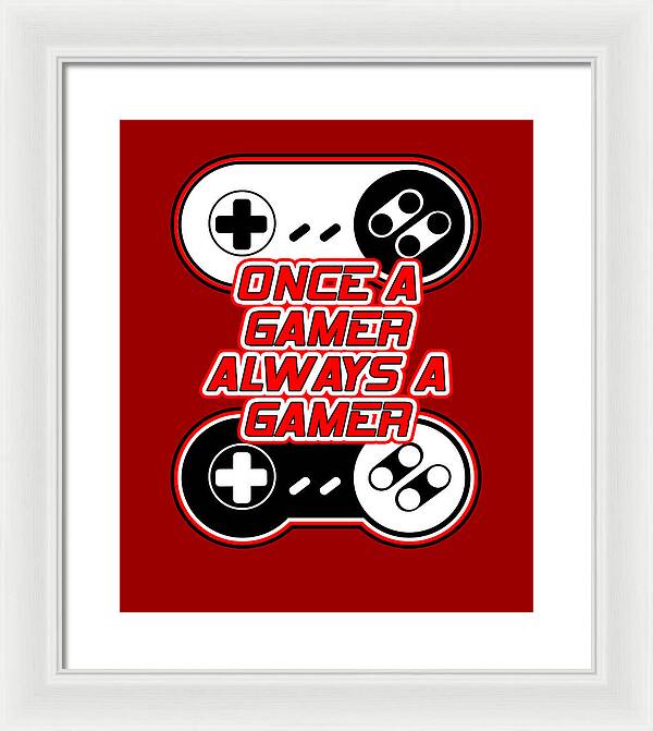 Framed wall art print with game controller icons and gamer text, white frame