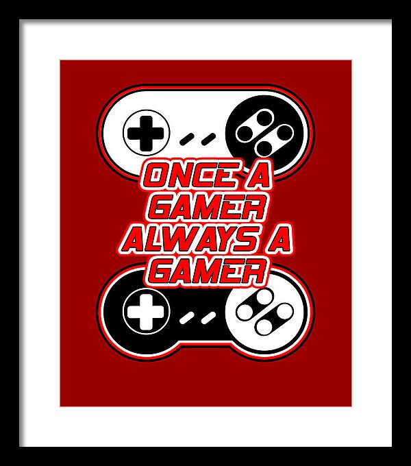 Framed wall art print with game controller icons and gamer text, black frame