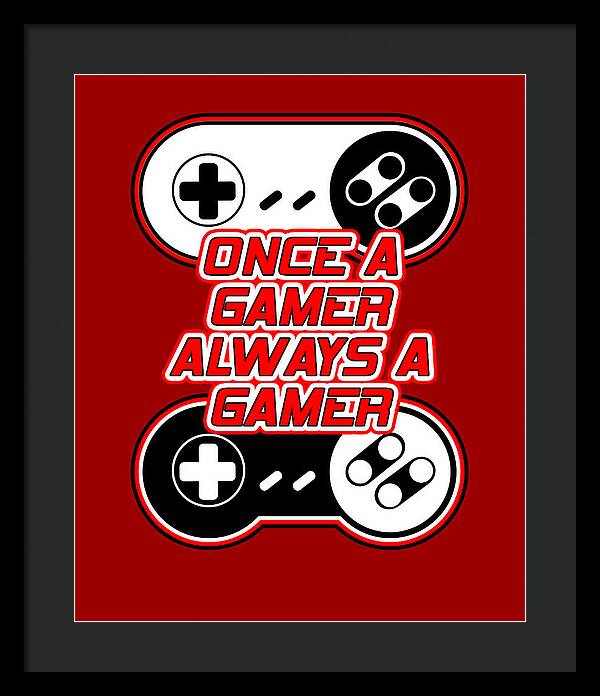 Black-framed gamer quote print with red background, controller icons, and bold text.