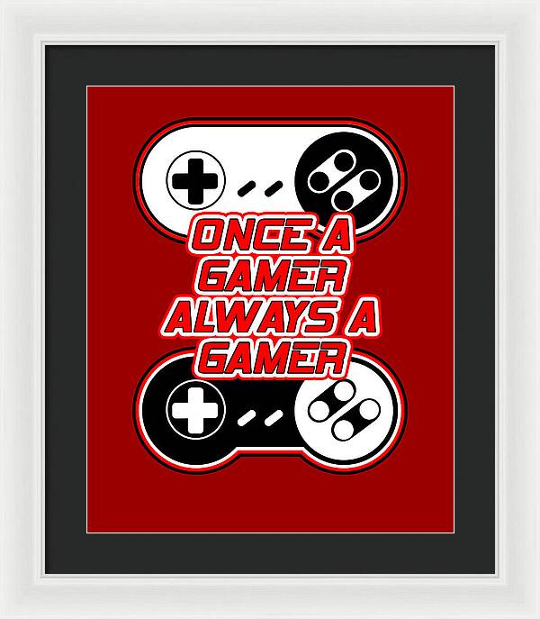 Black-framed gamer quote print with red background, controller icons, and bold text.