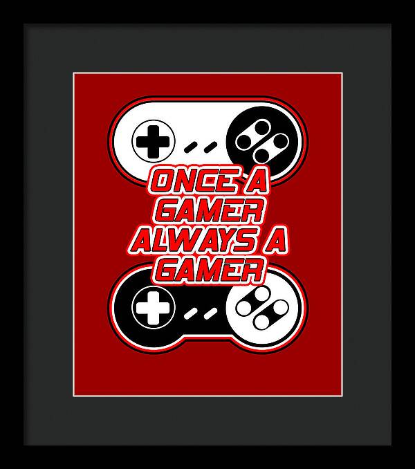Framed wall art print with game controller icons and gamer text, black frame