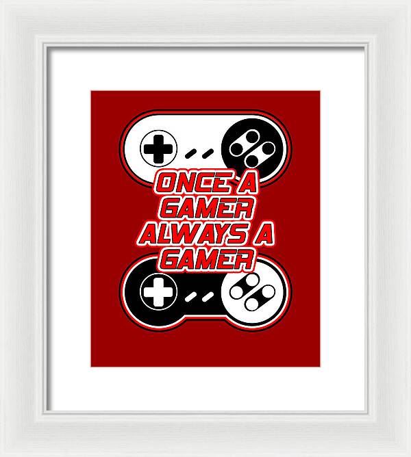 Framed wall art print with game controller icons and gamer text, white frame