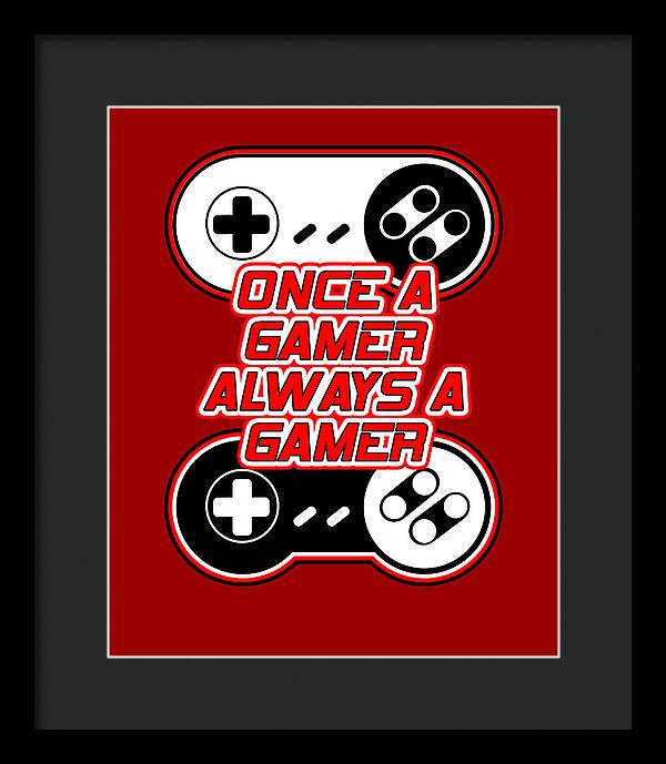 Framed wall art print with game controller icons and gamer text, black frame