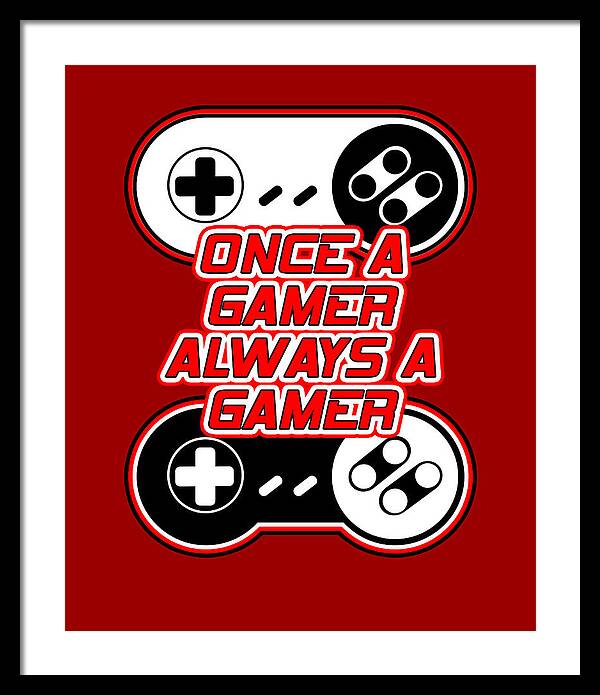 Black-framed gamer quote print with red background, controller icons, and bold text.