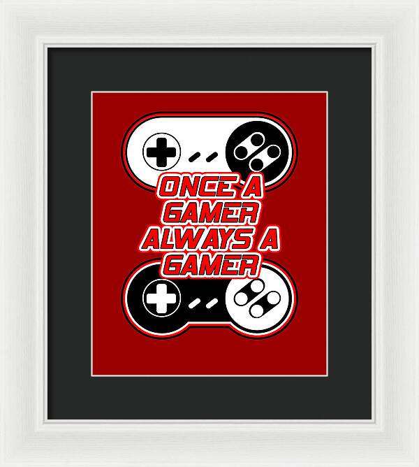 Framed wall art print with game controller icons and gamer text, white frame, black mat