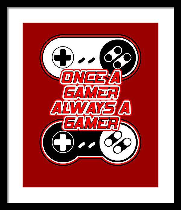 Black-framed gamer quote print with red background, controller icons, and bold text.