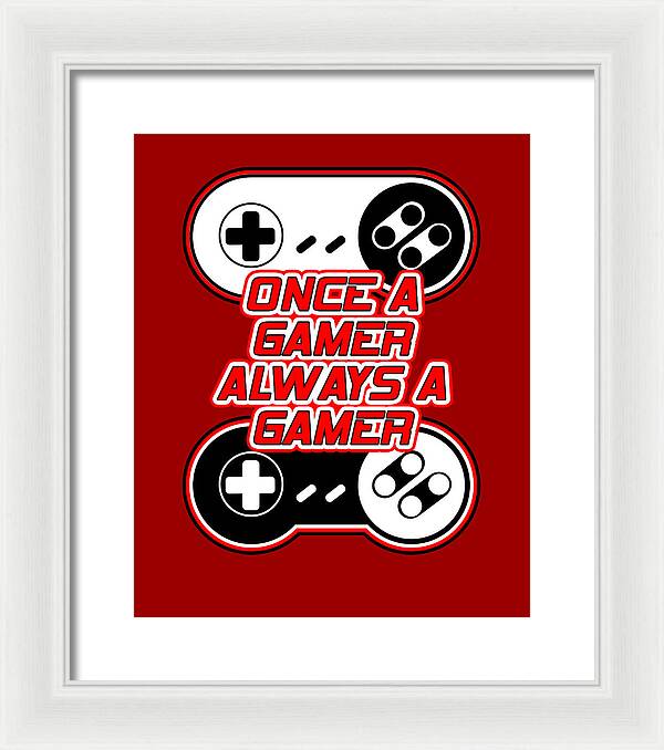 Framed wall art print with game controller icons and gamer text, white frame