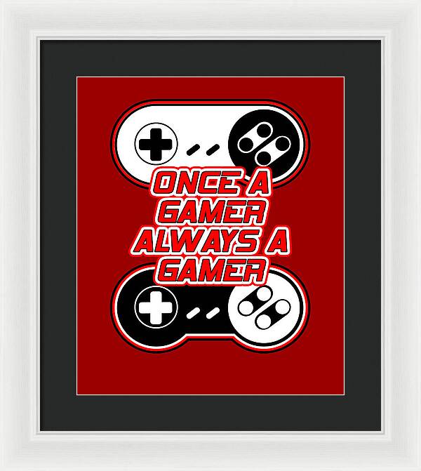 White-framed gamer quote print with red background, controller icons, and bold text.