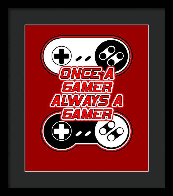 Framed wall art print with game controller icons and gamer text, black frame