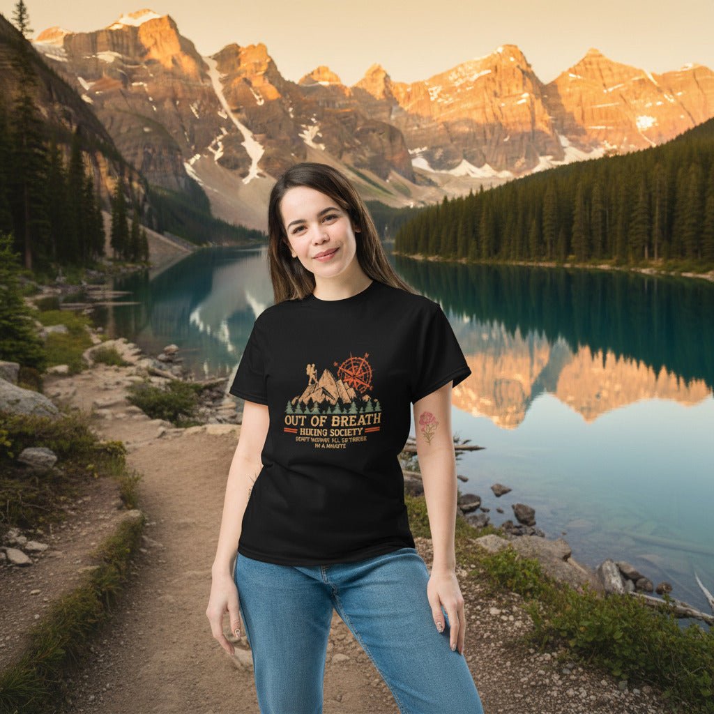 Black crew-neck hiking T-shirt with large chest graphic