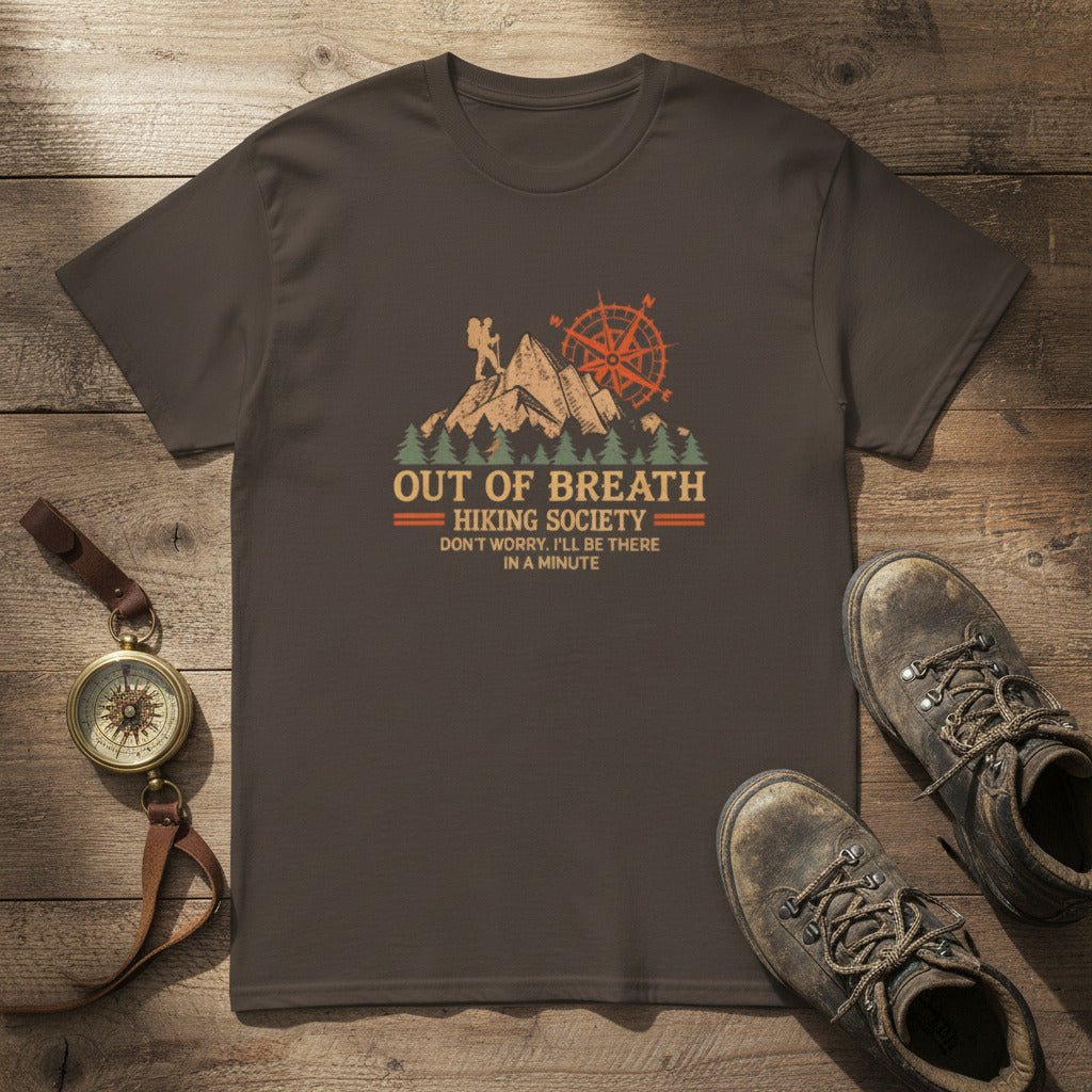 Dark chocolate hiking graphic T-shirt with mountain cabin and compass emblem, crew neck