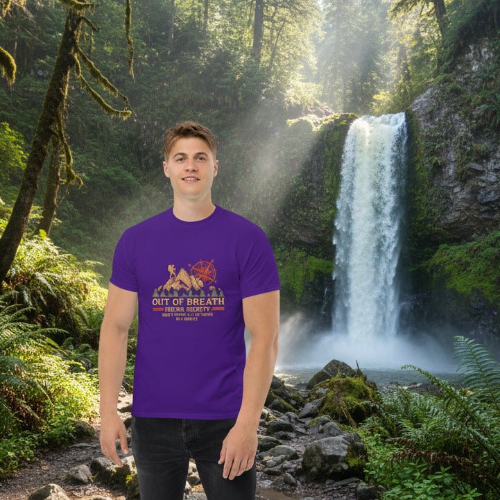 Purple crew-neck hiking T-shirt with large chest graphic