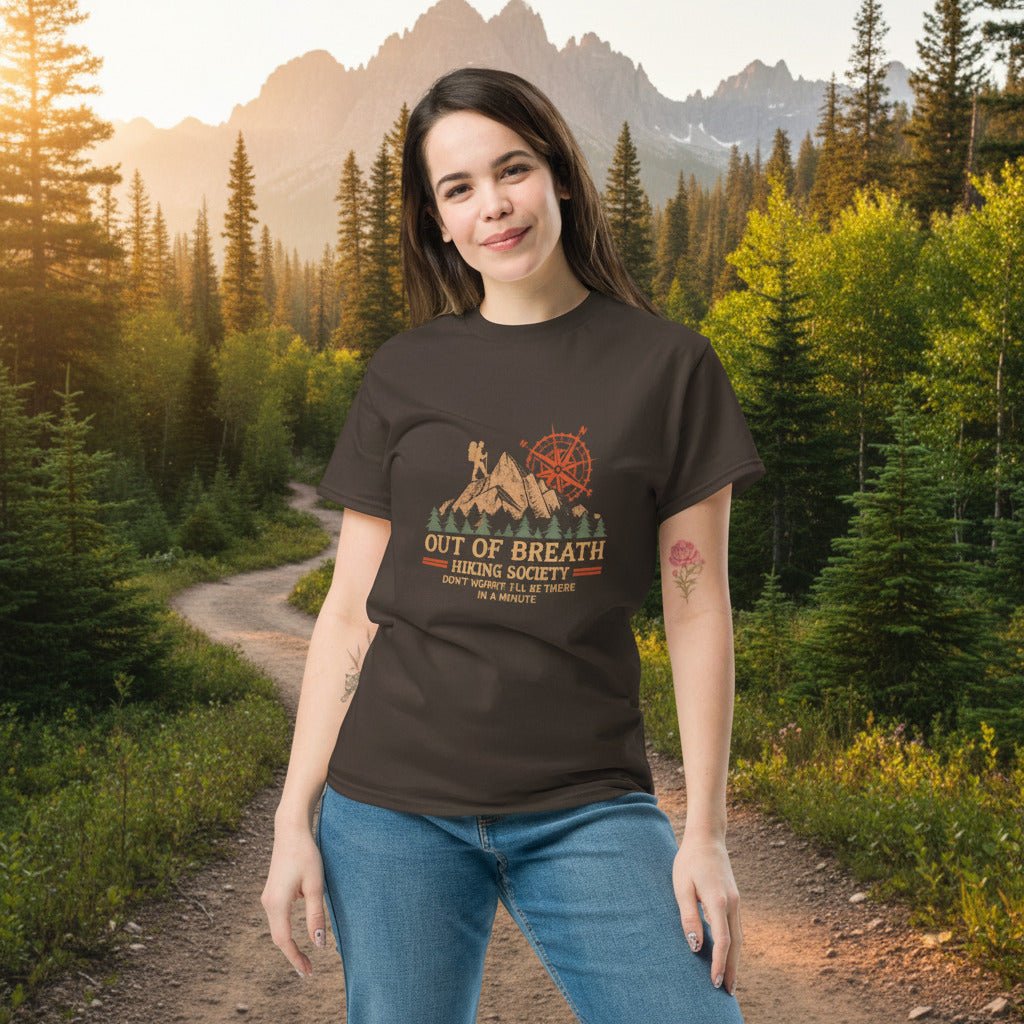 Dark brown crew-neck hiking T-shirt with large chest graphic