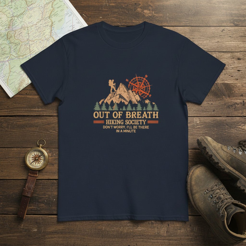 Navy hiking graphic T-shirt with cabin and compass emblem, crew neck